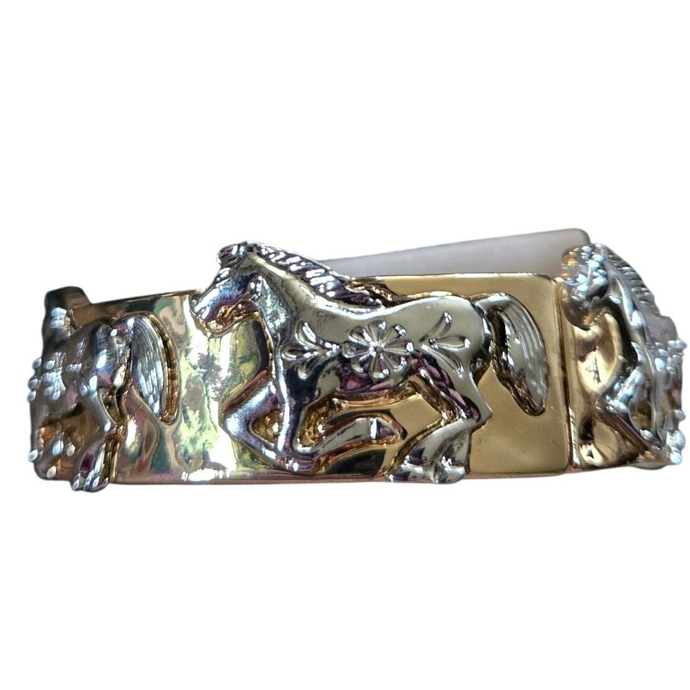 Piper K Two Tone Gold Silver Equestrian Horse Hinged Bangle Bracelet Nickel Free - Picture 2 of 5